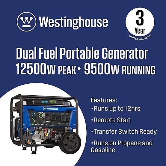 Westinghouse 12,500/9,500-Watt Dual-Fuel Portable Generator, Electric Start, Transfer Switch Ready