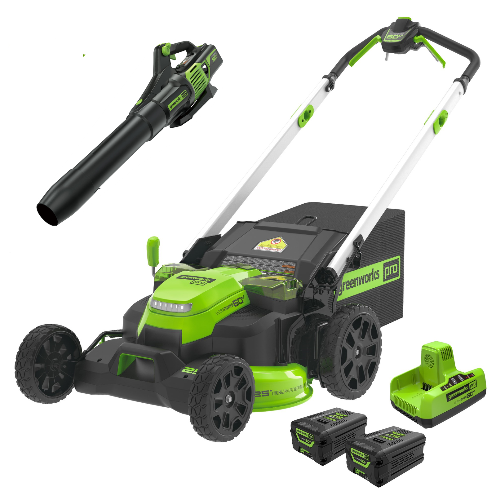25inchmowerblowercombo.png 60V 25″ Cordless Battery Self-Propelled Mower Combo Kit w/ Blower, (2) 4.0Ah Batteries and Dual Port Charger - Image 1