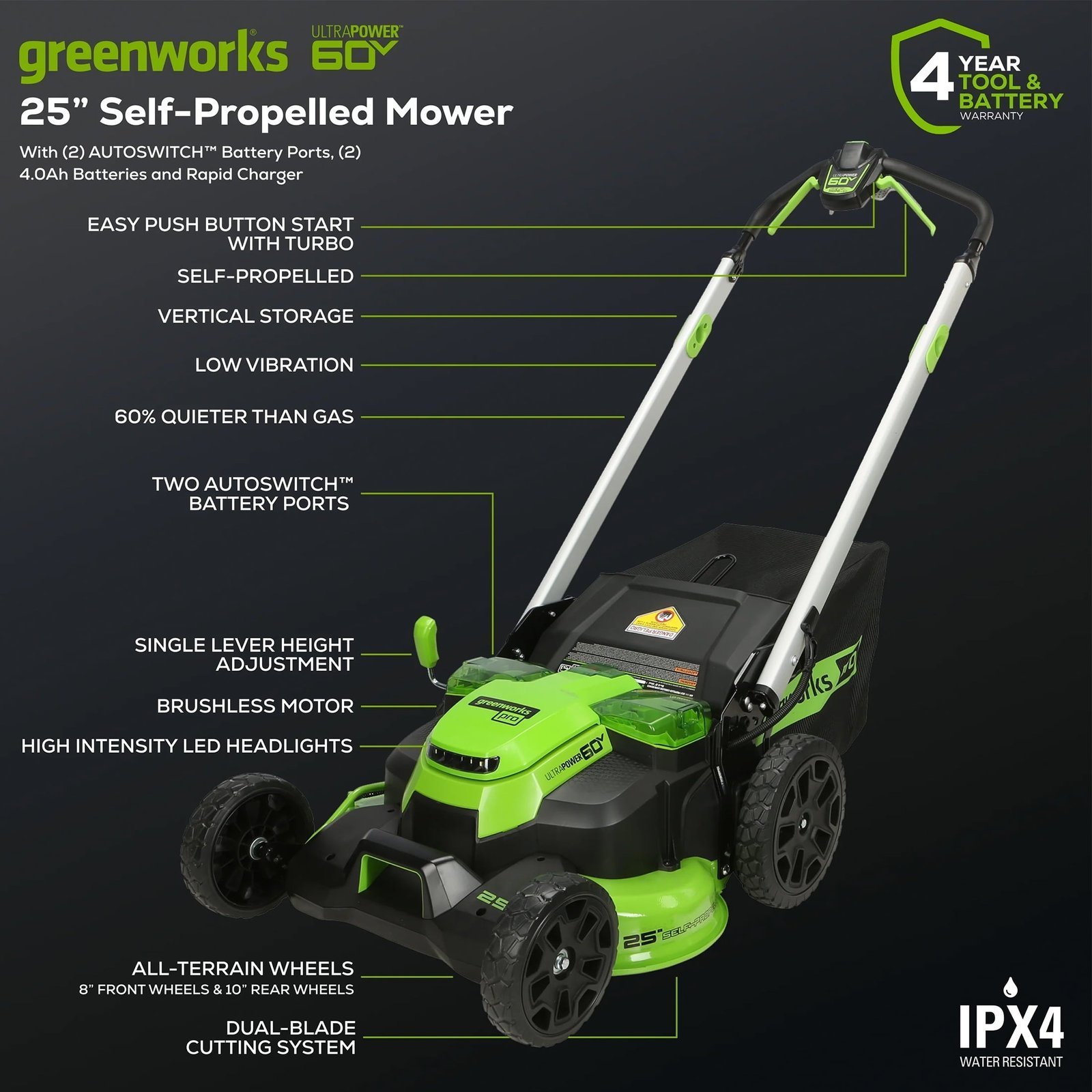 3a7578f3-9014-4ed9-9510-1d94bab47099.da69806ad48e46b4d20b9f444a6a6c75.jpg Greenworks 60V 25" Cordless Brushless Self-Propelled Mower + Two (2) 4.0Ah Batteries & Dual Port Charger - Image 1