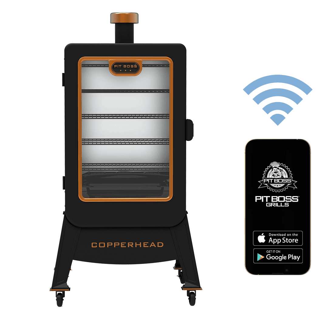 Pit-Boss-Copperhead-1300-Sq-in-Vertical-Wood-Pellet-Smoker-Onyx-Edition_ce2cc304-c54d-4cac-90da-389c0a22197b.8d4734b9287fdedf668bd971ec048e7c.png Pit Boss 1300 Connected Pellet Smoker Copperhead - Onyx Edition with Wi-Fi® - Image 1