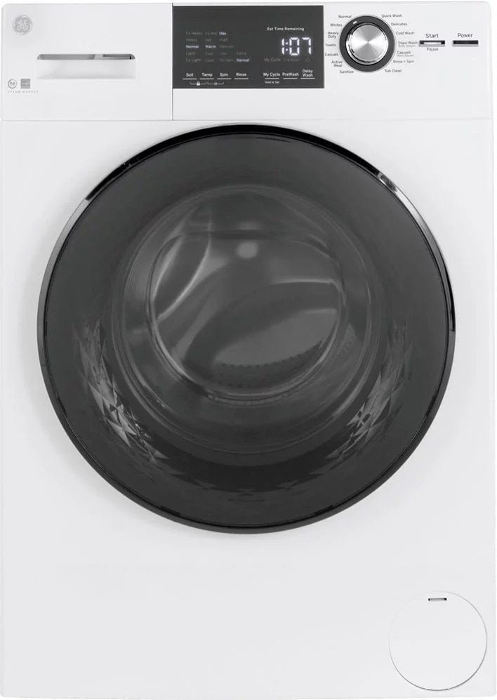 td-1.jpg GE – 2.4 Cu. Ft. High Efficiency Stackable Front Load Washer with Steam and Sanitize – White - Image 1