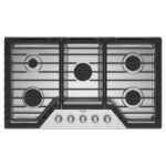Whirlpool – 36 in. Wide 5 burners Built-In Gas Cooktop with EZ-2-Lift Hinged Cast-Iron Grates – Stainless Steel