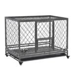 Heavy Duty Dog Cage Metal Kennel and Crate Dog Playpen with Lockable Wheels, Slide-out Tray, Food Bowl and Double Doors