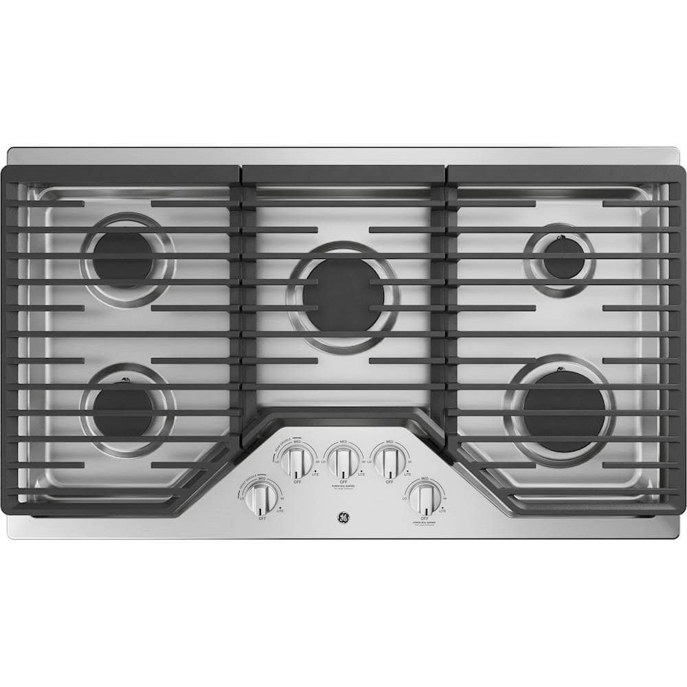 5958630_sd.jpg GE – 36 in. Wide 5 Burner Built-In Gas Cooktop with Dishwasher-Safe Grates – Stainless Steel - Image 1
