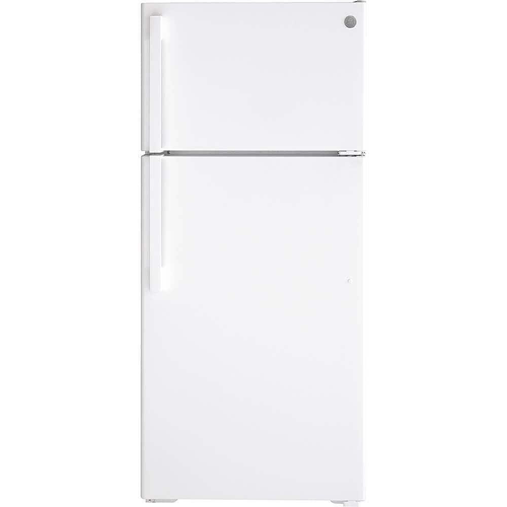 6368495_sd.jpg GE – 28 in. Wide 16.6 Cu. Ft. Top-Freezer Refrigerator with Edge-to-Edge Glass Shelves – White - Image 1