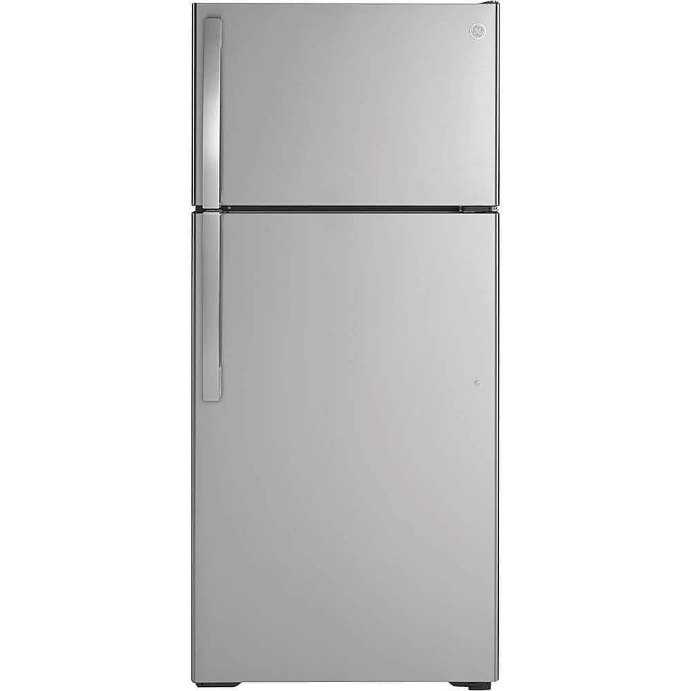 6368546_sd.jpg GE – 28 in. Wide 16.6 Cu. Ft. Top-Freezer Refrigerator with Edge-to-Edge Glass Shelves – Stainless Steel - Image 1