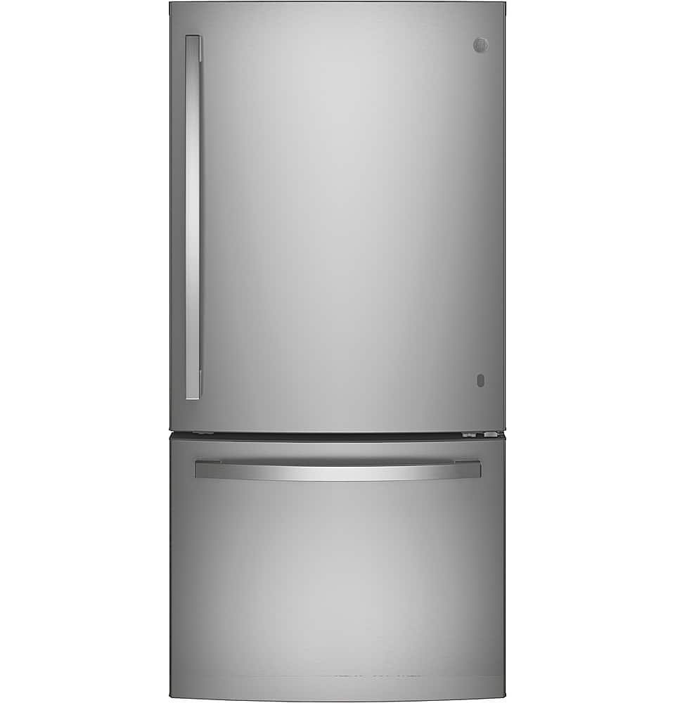 6475410_sd.jpg GE – 33 in. Wide 24.8 Cu. Ft. Bottom-Freezer Refrigerator with Sliding Snack Drawer – Stainless Steel - Image 1