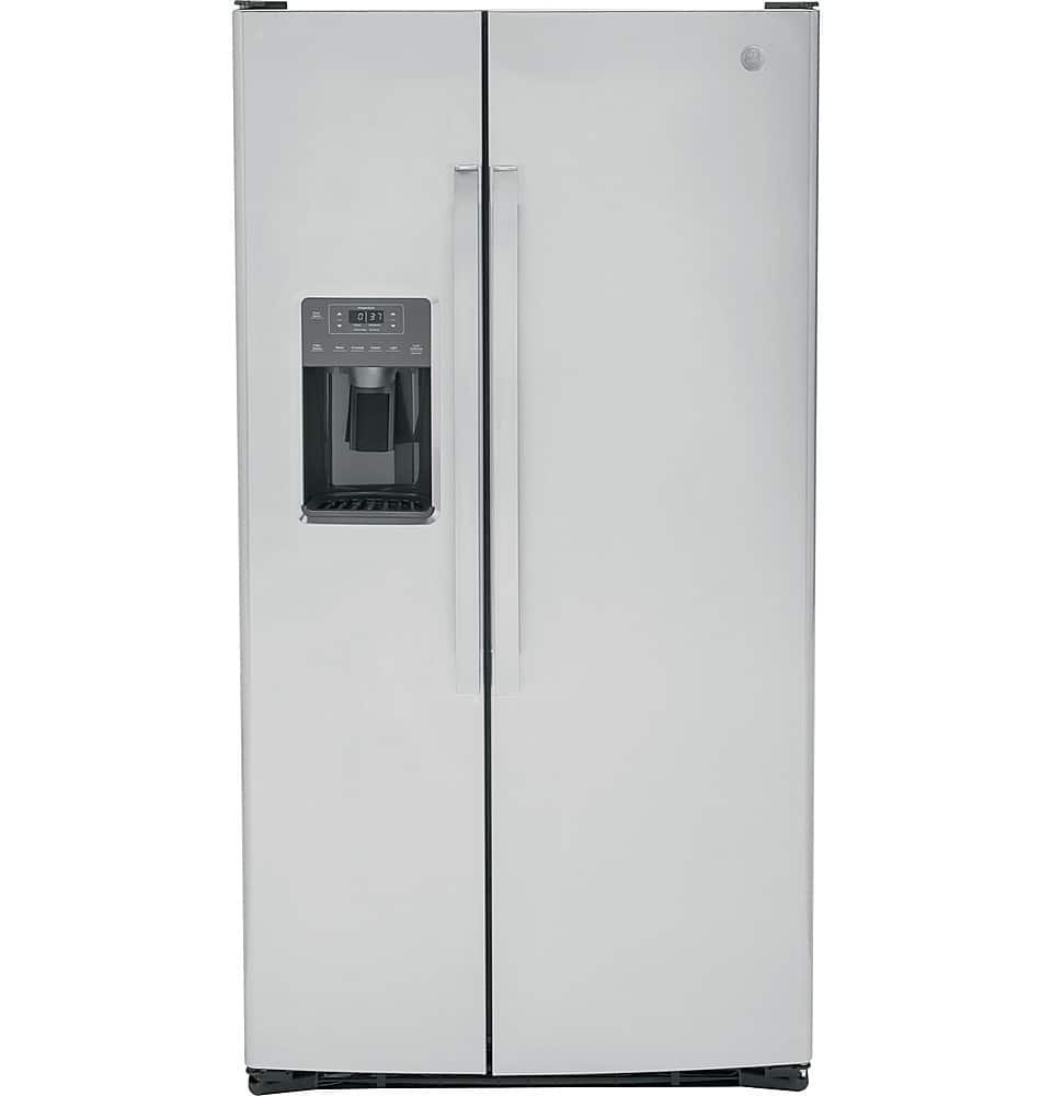 6475435_sd.jpg GE – 36 in. Wide 25.3 Cu. Ft. Side-by-Side Refrigerator with External Ice & Water Dispenser – Stainless Steel - Image 1