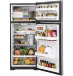 GE – 28 in. Wide 17.5 Cu. Ft. Top-Freezer Refrigerator with Edge-to-Edge Glass Shelves – Stainless Steel - Image 4