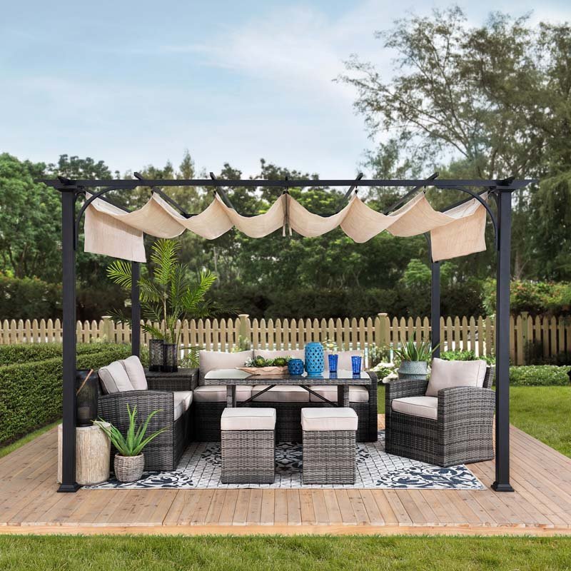 A106005600_9x12_Steel_Retractable_Pergola_Day.jpg SUNJOY 9x12 Steel Retractable Pergola with Beige Roof for Backyard - Image 1