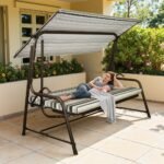 SUNJOY 4-Seat Italian-Made Patio Swing Chair / Bed with Adjustable Canopy and Cushions – Stripe - Image 2