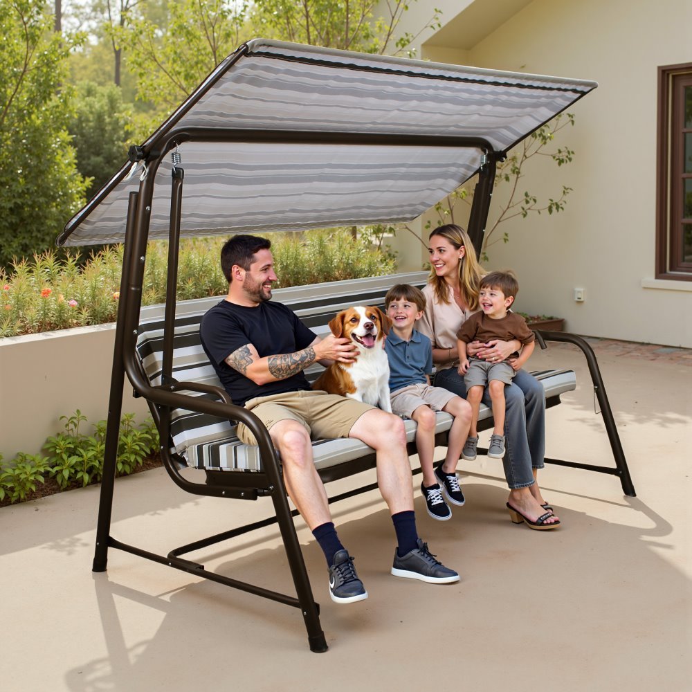 A215012901_Porch_Swing_and_Bed_as_seat.jpg SUNJOY 4-Seat Italian-Made Patio Swing Chair / Bed with Adjustable Canopy and Cushions – Stripe - Image 1