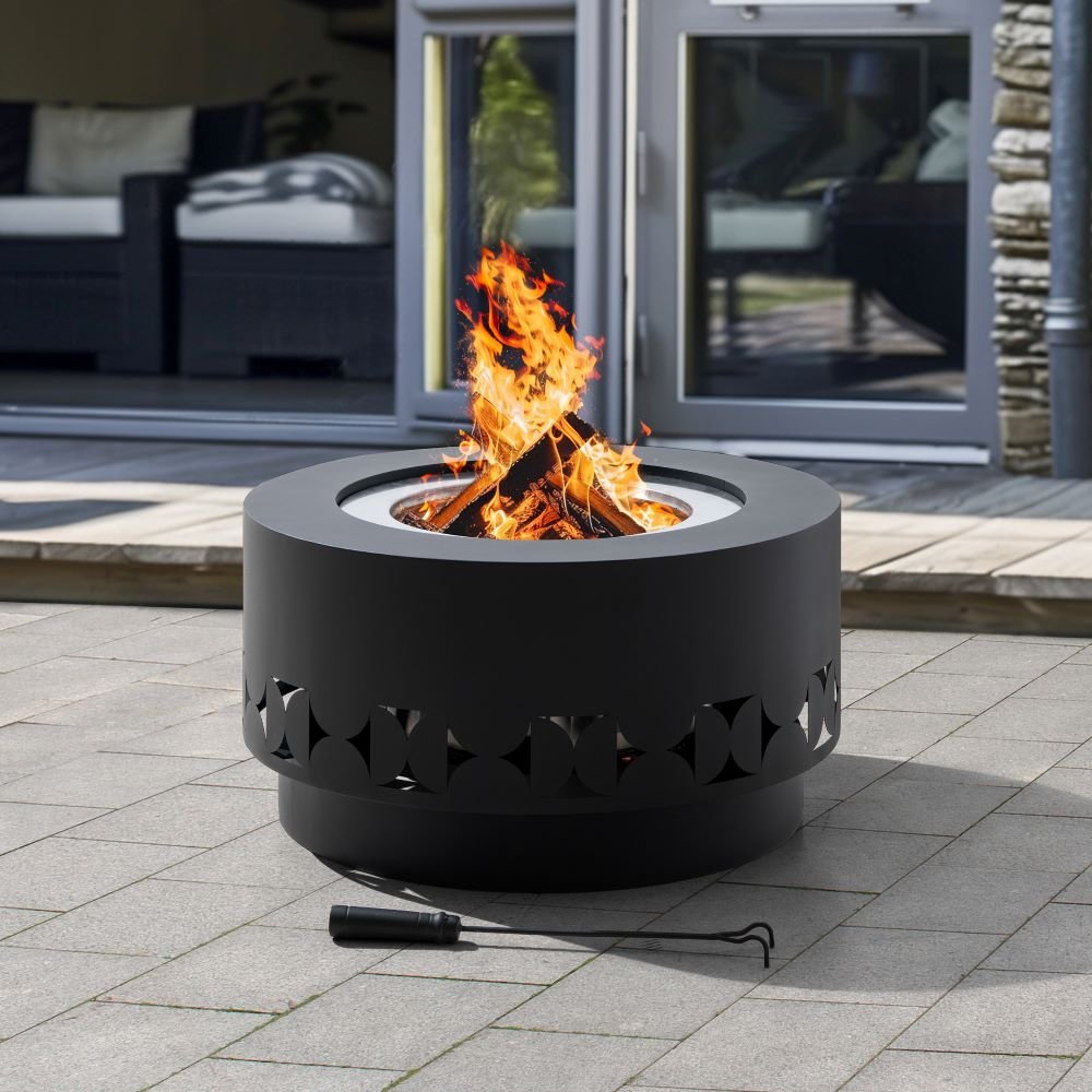 A301060800_Triangular_Smokeless_Fire_Pit_Day.jpg SUNJOY 28 Inch Round Stainless Steel Smokeless Fire Pit with PVC Cover and Poker - Black - Image 1