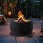 SUNJOY 28 Inch Round Stainless Steel Smokeless Fire Pit with PVC Cover and Poker - Black - Image 2