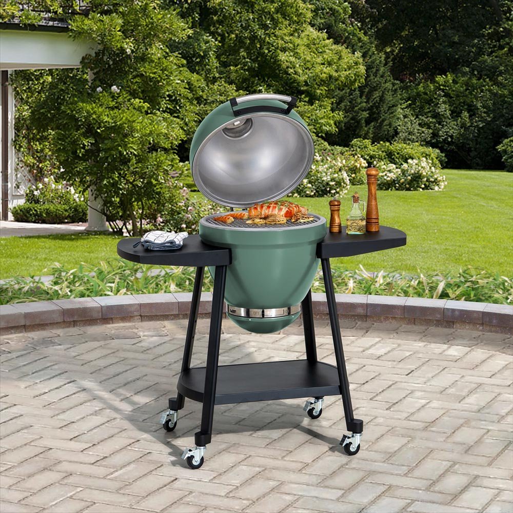 A504002321_20Inch_Charcoa_Grill_Day.jpg SUNJOY 20 Inch Charcoal Grill, Kamado Grill with Pizza Stone, Ultimate Egg BBQ Grill and Smoker with Wheels - Green - Image 1