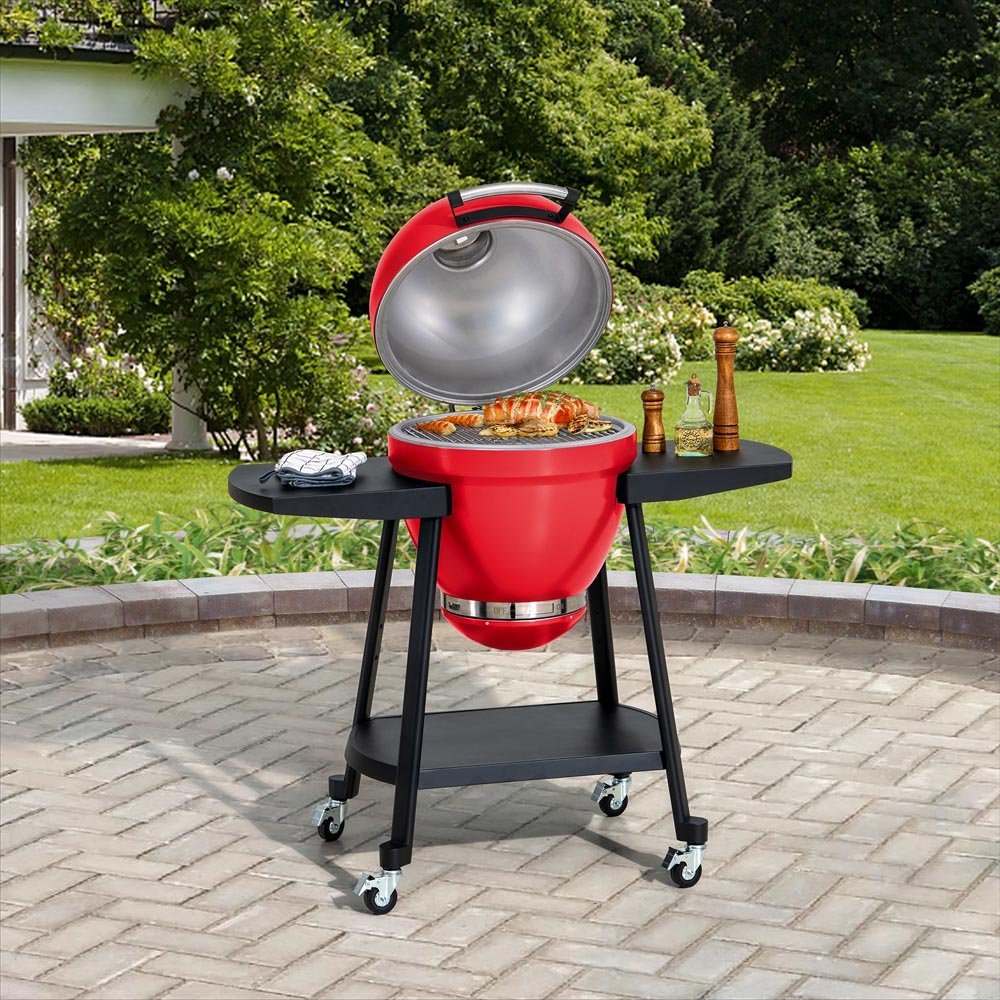 A504002322_20Inch_Charcoal_Grill_Day.jpg SUNJOY 20 Inch Charcoal Grill, Kamado Grill with Pizza Stone, Ultimate Egg BBQ Grill and Smoker with Wheels - Red - Image 1