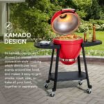 SUNJOY 20 Inch Charcoal Grill, Kamado Grill with Pizza Stone, Ultimate Egg BBQ Grill and Smoker with Wheels - Red - Image 9
