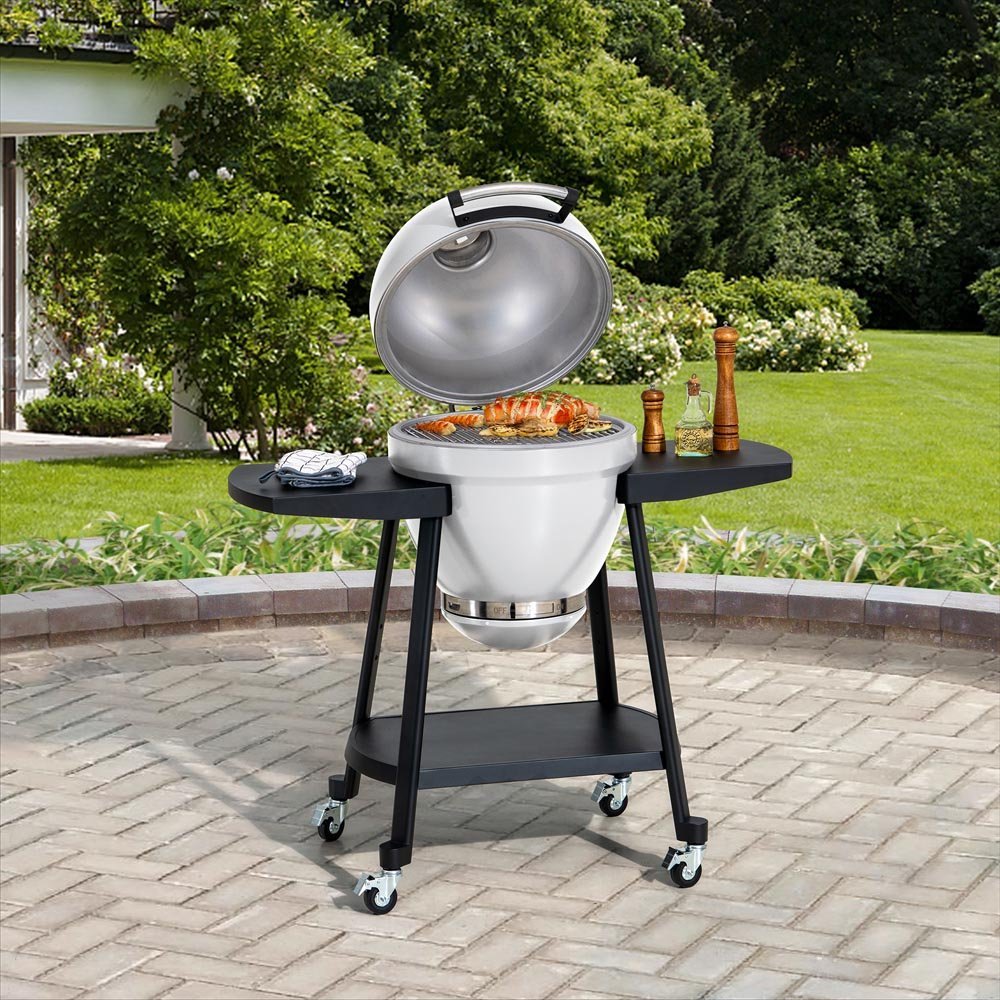 A504002325_20Inch_Charcoal_Grill_Day.jpg SUNJOY 20 Inch Charcoal Grill, Kamado Grill with Pizza Stone, Ultimate Egg BBQ Grill and Smoker with Wheels - White - Image 1