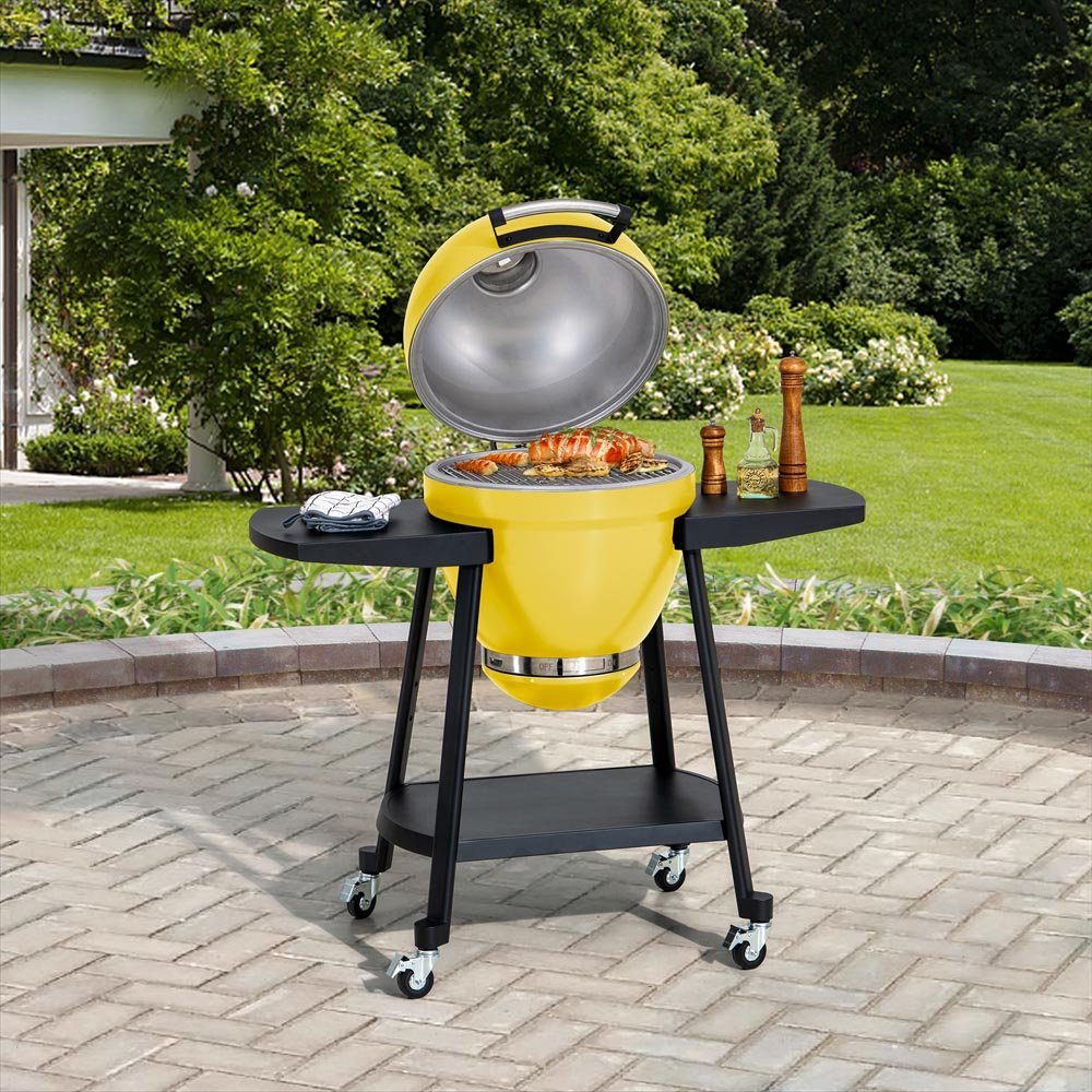 A504002327_20Inch_Charcoal_Grill_Day.jpg SUNJOY 20 Inch Charcoal Grill, Kamado Grill with Pizza Stone, Ultimate Egg BBQ Grill and Smoker with Wheels - Yellow - Image 1
