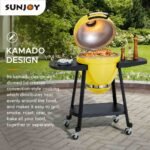 SUNJOY 20 Inch Charcoal Grill, Kamado Grill with Pizza Stone, Ultimate Egg BBQ Grill and Smoker with Wheels - Yellow - Image 11