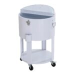 SUNJOY 60 Quart Patio Rooling Cooler Cart with Bottle Opener, Shelf and Lockable Wheels - White - Image 2