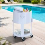 SUNJOY 60 Quart Patio Rooling Cooler Cart with Bottle Opener, Shelf and Lockable Wheels - White