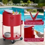 SUNJOY 60 Quart Patio Rooling Cooler Cart with Bottle Opener, Shelf and Lockable Wheels - Red - Image 5