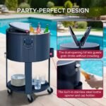 SUNJOY 60 Quart Patio Rooling Cooler Cart with Bottle Opener, Shelf and Lockable Wheels - Blue - Image 5