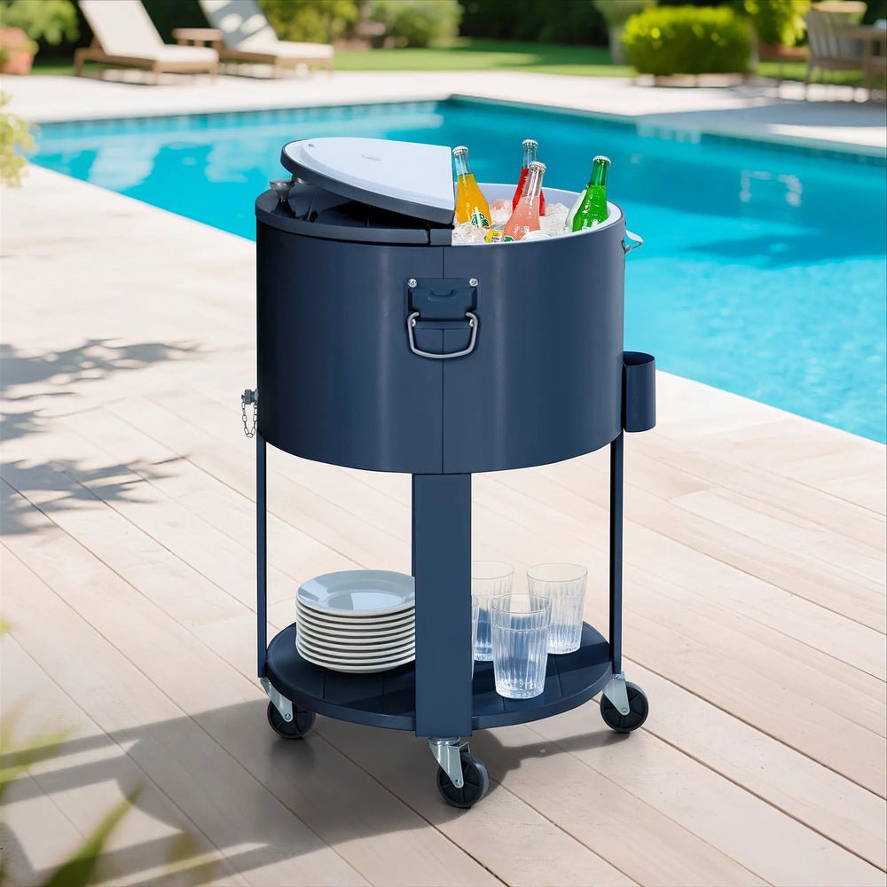 A601010533_60_Quart_Patio_Rooling_Cooler_Cart_day.jpg SUNJOY 60 Quart Patio Rooling Cooler Cart with Bottle Opener, Shelf and Lockable Wheels - Blue - Image 1