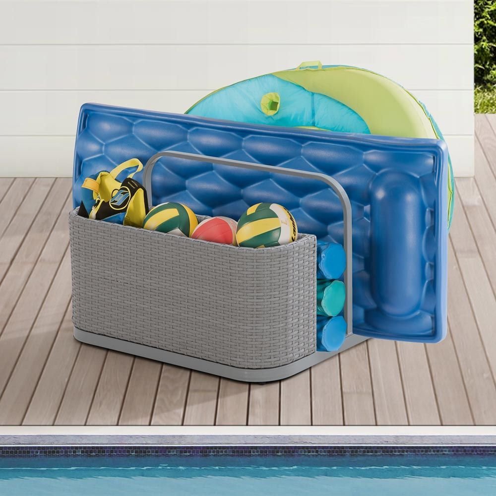 A804001600_Pool_Float_Storage_Rack_Day.jpg SUNJOY 35 Inch Rust-proof Wicker Pool Float Storage Rack for Floaties - Gray - Image 1