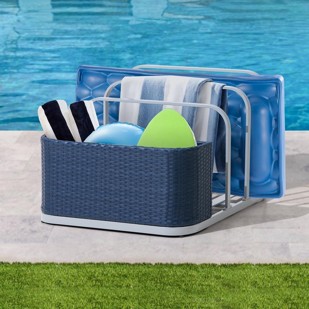 A804001601_Pool_Float_Storage_Rack_Day.jpg SUNJOY 35 Inch Rust-proof Wicker Pool Float Storage Rack for Floaties - Navy - Image 1