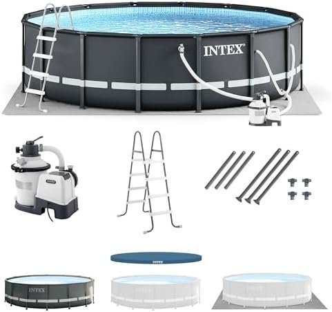 B08RZCQ77J-0-1755895123326.jpg Intex Ultra XTR Frame 14′ x 42″ Round Above Ground Outdoor Swimming Pool Set with Sand Filter Pump, Ladder, Ground Cloth, and Pool Cover - Image 1