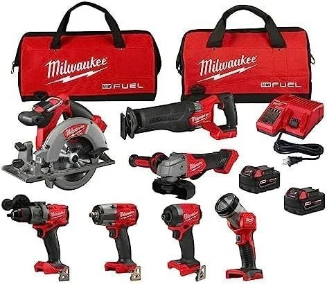 B0CCXKCCJF-0-1756233692738.jpg Milwaukee M18 FUEL 18V Lithium-Ion Brushless Cordless Combo Kit with Two 5.0 Ah Batteries, 1 Charger, 2 Tool Bags (7-Tool) - Image 1