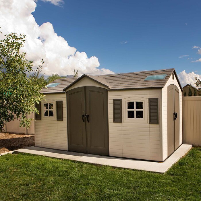 Dual_Entry_15_ft._W_x_8_ft._D_Plastic_Storage_Shed_2c9ac6fd-d882-43b8-a68a-c9c4cb008c58.jpg Lifetime 60079 Outdoor Storage Dual Entry Shed, 15 x 8 ft, Desert Sand (B00CTVQ6UG) - Image 1