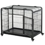Folding Design Heavy Duty Metal Dog Cage Crate & Kennel with Removable Tray and Cover, & 4 Locking Wheels, Indoor/Outdoor 49″