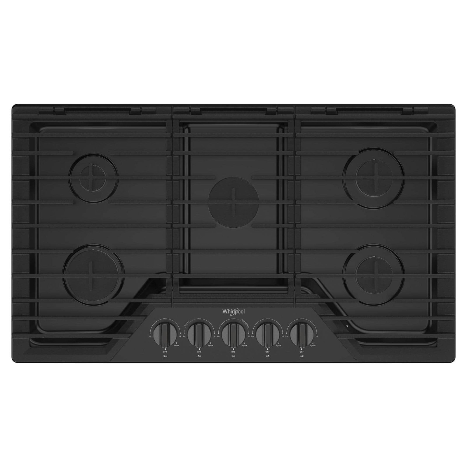 a1cc0dae-3380-4c5c-96e6-9b626364cae9.jpg Whirlpool – 36 in. Wide 5 burners Built-In Gas Cooktop with EZ-2-Lift Hinged Cast-Iron Grates – Black Stainless Steel - Image 1