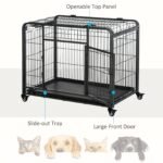 Metal Dog Crate Heavy Duty Kennel with Removable Tray 4 Wheels & Folding Design Grey - Image 6