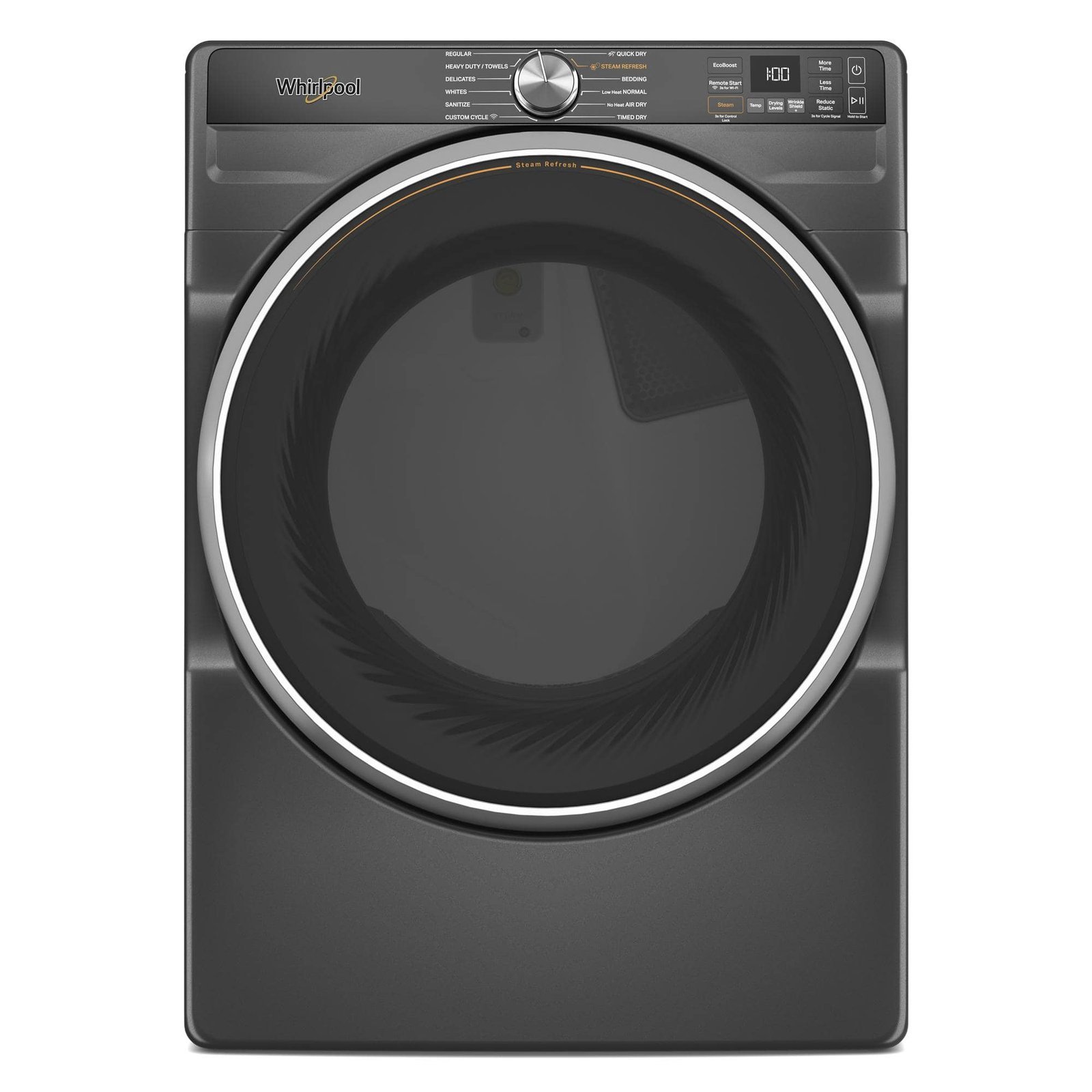 d7ce6b5b-bef1-4a26-a645-d6ddd2e17cc9.jpg Whirlpool – 7.4 Cu. Ft. Stackable Smart Electric Dryer with Steam and Wrinkle Shield Option – Volcano Black - Image 1