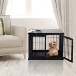 26” Wooden Decorative Dog Cage Pet Crate Kennel with Double Door Entrance & a Simple Modern Design  Black - Image 2