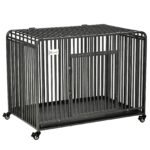 43″ Heavy Duty Dog Cage, Foldable Steel Crate Kennel with Removable Tray, Double Doors, 4 Lockable Wheels for Medium & Large Dogs, Dark Silver