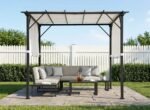SUNJOY 9x9 Matte Black Steel Frame Pergola with Adjustable Canopy Roof - White - Image 12