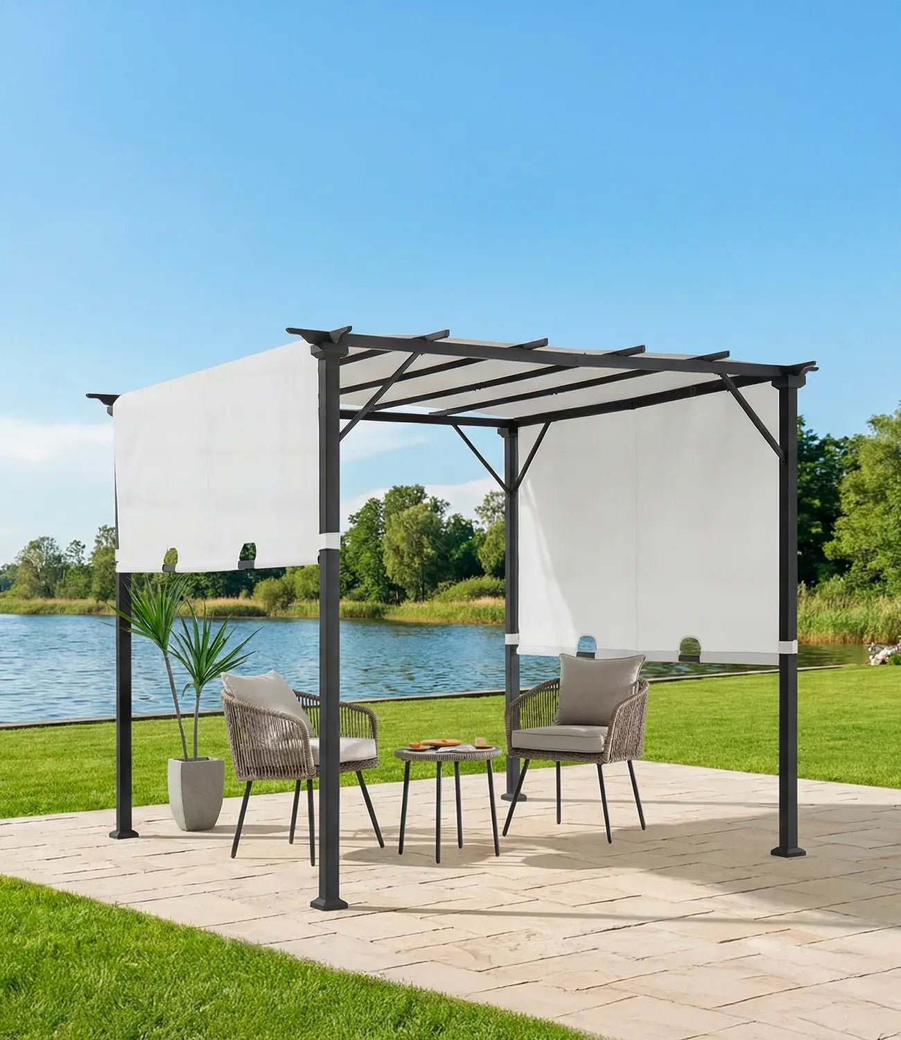 imgi_36_A106005561_new_banner_mb_537f042c-3cf0-4374-9365-1e150c98c8cf.jpg SUNJOY 9x9 Matte Black Steel Frame Pergola with Adjustable Canopy Roof - Light Gray - Image 1