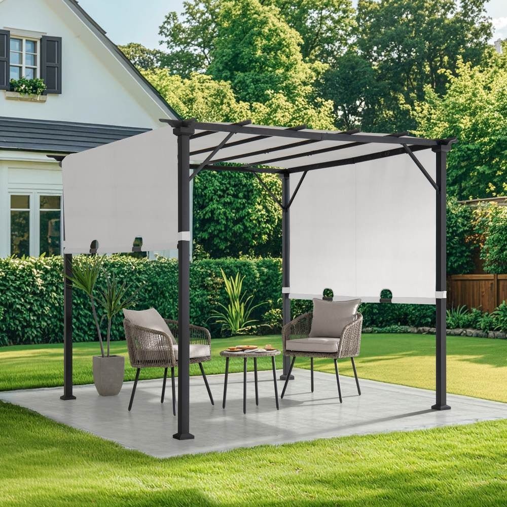 imgi_4_A106005561_9x9_Matte_Steel_Frame_Pergola_Kit_Day.jpg SUNJOY 9x9 Matte Black Steel Frame Pergola with Adjustable Canopy Roof - White - Image 1