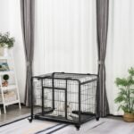 Metal Dog Crate Heavy Duty Kennel with Removable Tray 4 Wheels & Folding Design Grey - Image 2