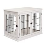 26″ Wooden Dog Crate, Furniture Style Pet Cage Kennel, End Table, with Lockable Double Door Entrance, and Top Shelf, White